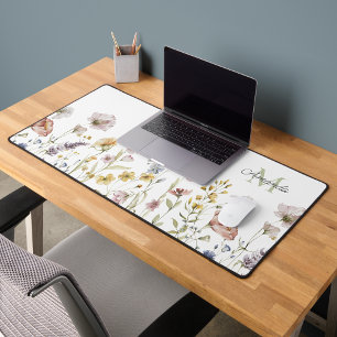 Boho Fresh Watercolor Wildflowers with Monogram Desk Mat