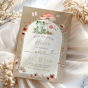 Boho Frog and Mushroom Birthday Wildflower Invitation