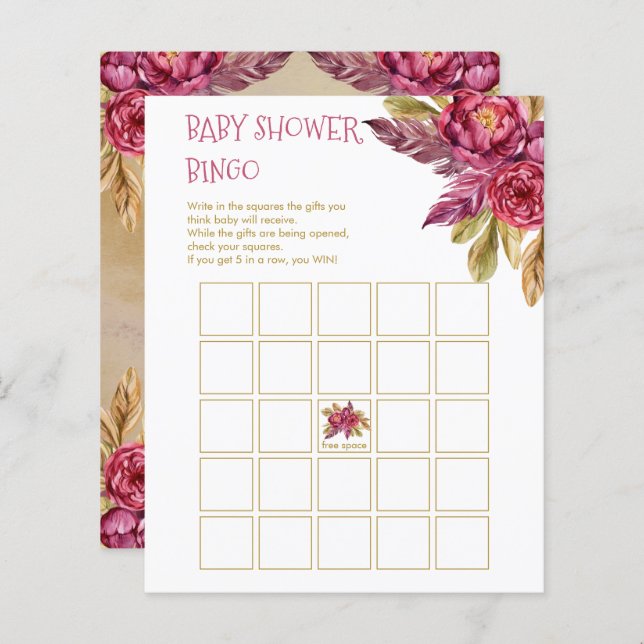 Boho Fuchsia Peony Blooms Baby Shower Bingo Card (Front/Back)