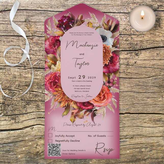 Boho Fuchsia Pink Modern Floral Wreath QR Code All In One Invitation (Creator Uploaded)