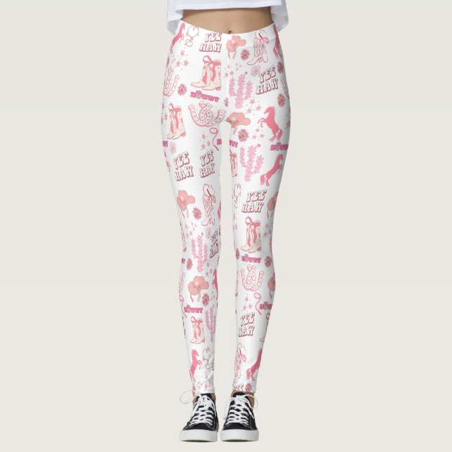  boho fun pink cowgirl western pattern leggings (Front)