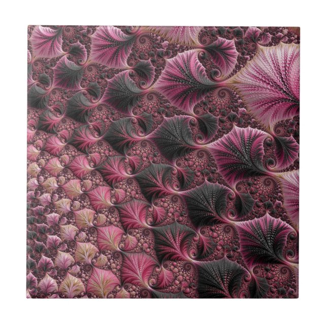 Boho Funky Eclectic Pink Black Abstract Fractal Ceramic Tile (Front)