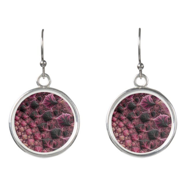 Boho Funky Eclectic Pink Black Abstract Fractal Earrings (Front)