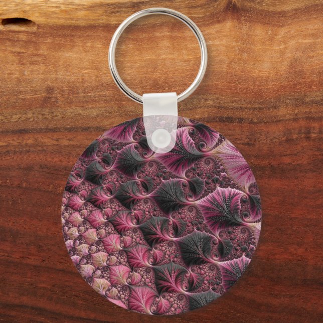 Boho Funky Eclectic Pink Black Abstract Fractal Keychain (Front)