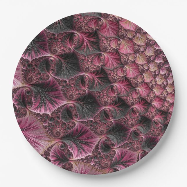 Boho Funky Eclectic Pink Black Abstract Fractal Paper Plates (Front)