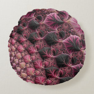 Boho Funky Eclectic Pink Black Abstract Fractal Round Pillow