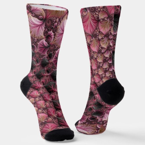 Boho Funky Eclectic Pink Black Abstract Fractal Socks