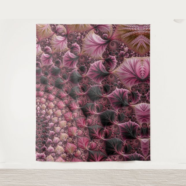 Boho Funky Eclectic Pink Black Abstract Fractal Tapestry (Front)