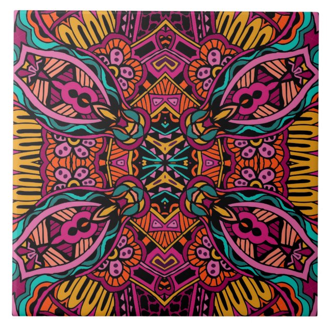 Boho Funky Trendy Retro Abstract Pattern Ceramic Tile (Front)