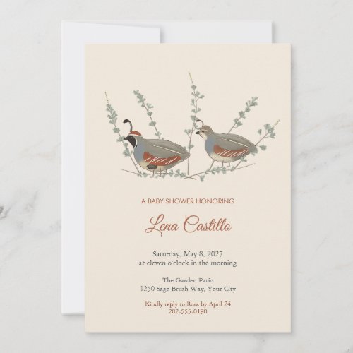 Boho Gambel Quail Pair Baby Shower Invitation