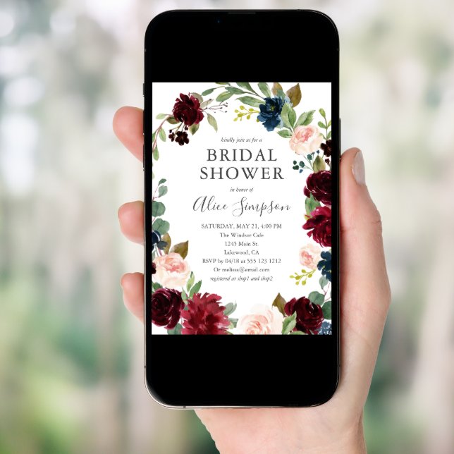 Boho Garden Burgundy Blue Floral Bridal Shower Invitation (Front Digital)