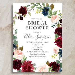 Boho Garden Burgundy Blue Floral Bridal Shower Invitation