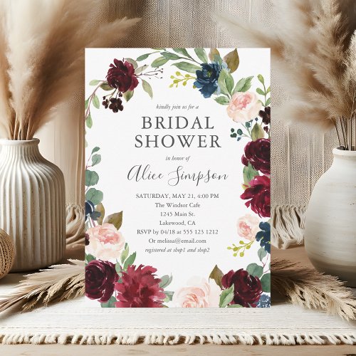 Boho Garden Burgundy Blue Floral Bridal Shower Invitation