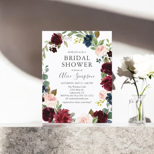 Boho Garden Burgundy Blue Floral Bridal Shower Invitation Postcard