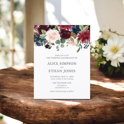 Boho Garden Burgundy Blue Floral Wedding Invitation Postcard