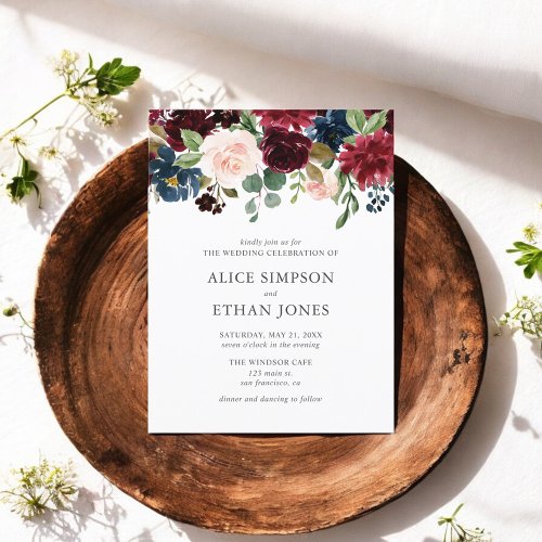 Boho Garden Burgundy Blue Floral Wedding Invitation Postcard