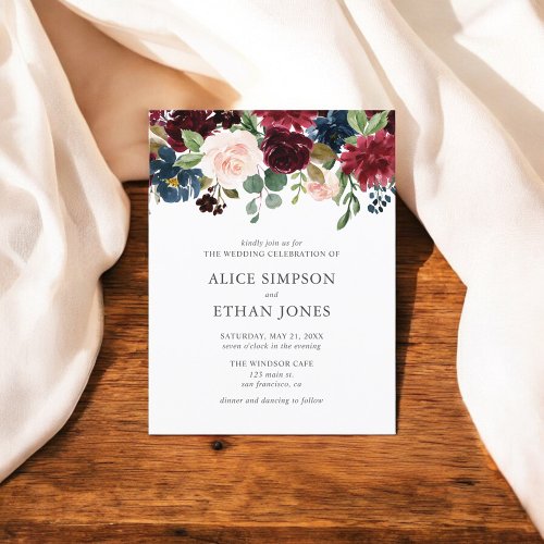 Boho Garden Burgundy Blue Floral Wedding Invitation Postcard