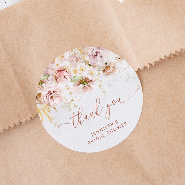 Boho garden floral bridal shower thank you classic round sticker (Creator Uploaded)