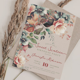 Boho Garden Floral Sweet 16 Birthday Champagne Invitation