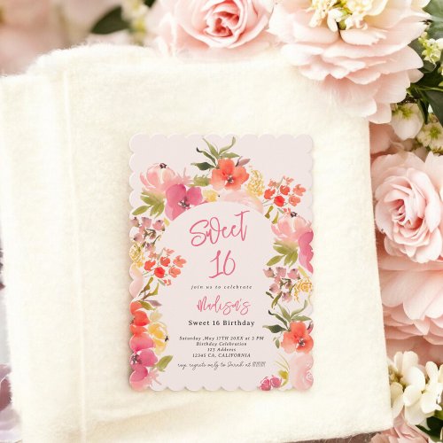 Boho garden floral watercolor arch pink Sweet 16 Invitation