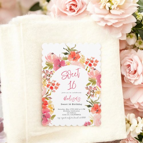 Boho garden floral watercolor arch Sweet 16 Invitation