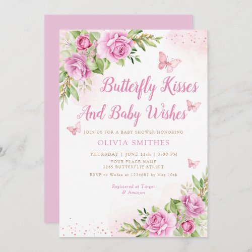 Boho Garden Pink Butterfly Kisses Girl Baby Shower Invitation