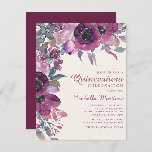 Boho Garden Purple Lilac Floral Script Quinceaera Invitation