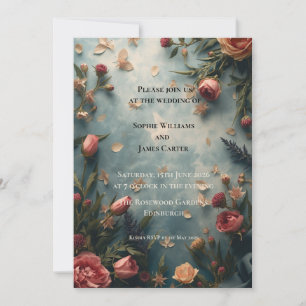 Boho Garden Rose Floral Wedding Invitation Teal