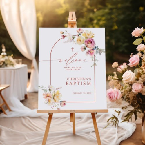 Boho Garden Rose Flowers Baptism Welcome Sign