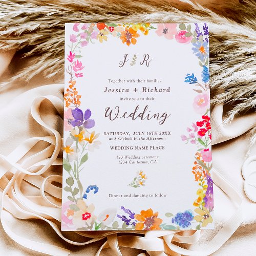 Boho garden summer floral photo initials wedding invitation