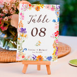 Boho garden summer floral wildflowers wedding table number<br><div class="desc">Boho garden summer floral photo wildflowers wedding table number card featuring pretty hand painted wildflowers in pink,  yellow,  blue,  purple,  red and orange,  a frame of flowers with an elegant script typography.</div>