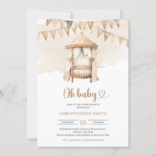 Boho gender neutral baby crib brown & ivory tan invitation
