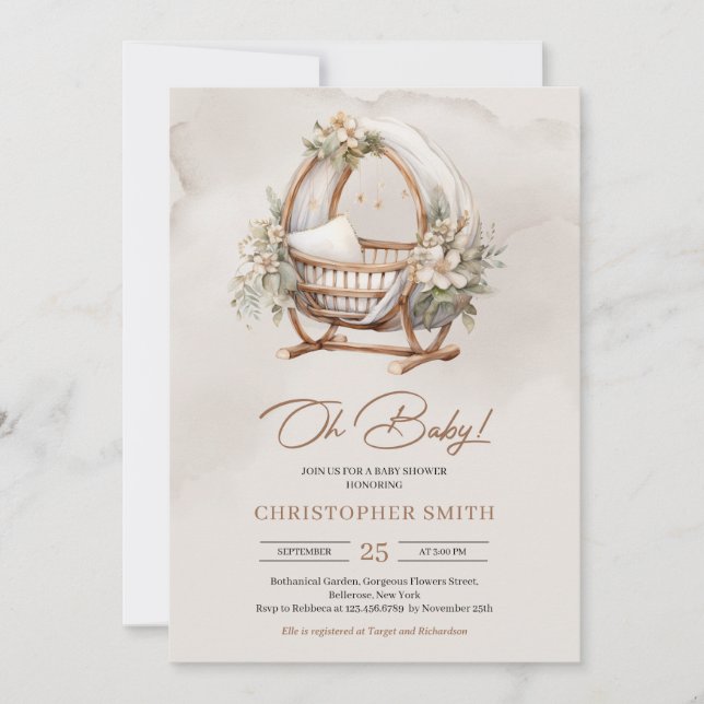 Boho gender neutral baby crib brown & sage foliage invitation (Front)