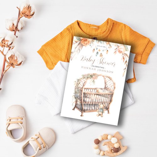 Boho Gender Neutral Baby Shower  Baby Crib Floral Invitation