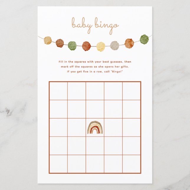 Boho Gender Neutral Baby Shower Bingo Game (Front)