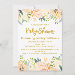 Boho Gender Neutral Baby Shower White Gold Floral  Invitation