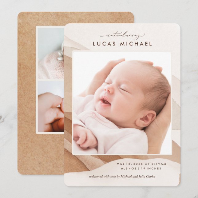 Boho Gender Neutral Beige Watercolor Announcement (Front/Back)