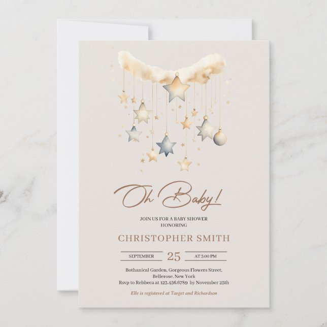 Boho gender neutral copper rusty baby toys stars invitation (Front)