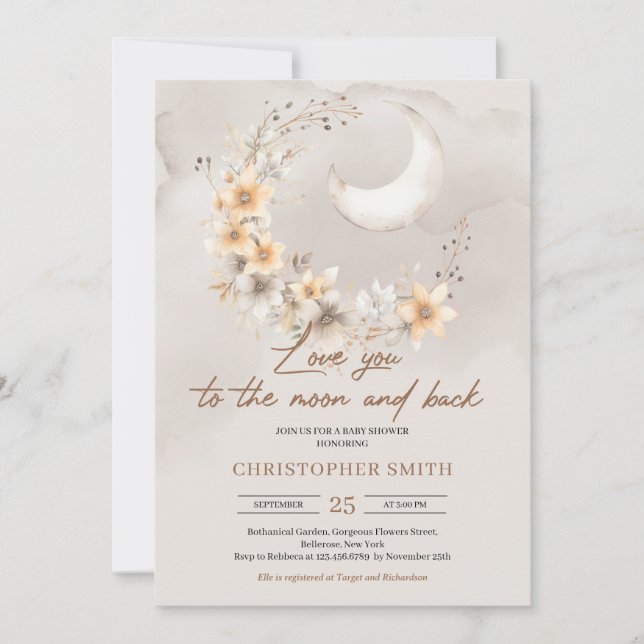 Boho gender neutral floral moon and back Baby Invitation (Front)