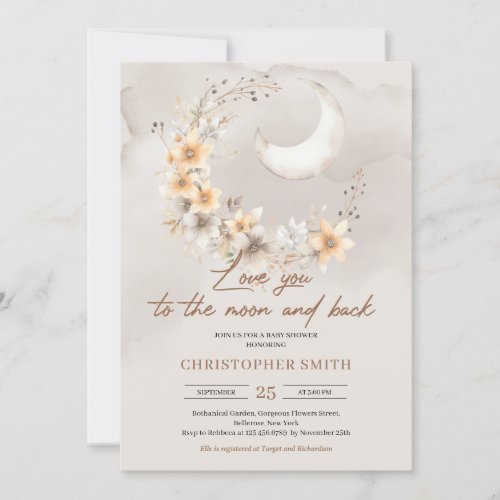 Boho gender neutral floral moon and back Baby Invitation