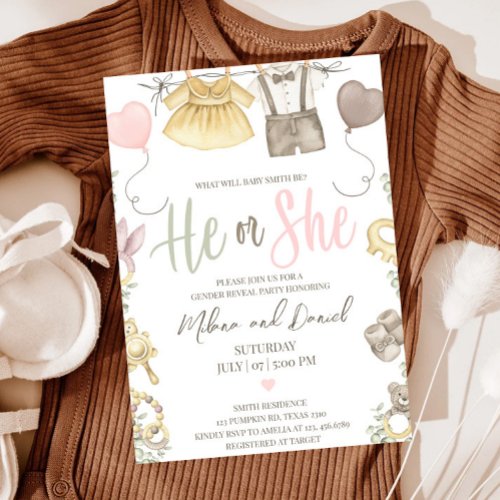 Boho Gender Reveal Girl Or Boy He or She Invitation