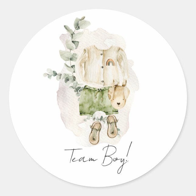 Boho Gender Reveal Team Boy Baby Shower Classic Round Sticker (Front)