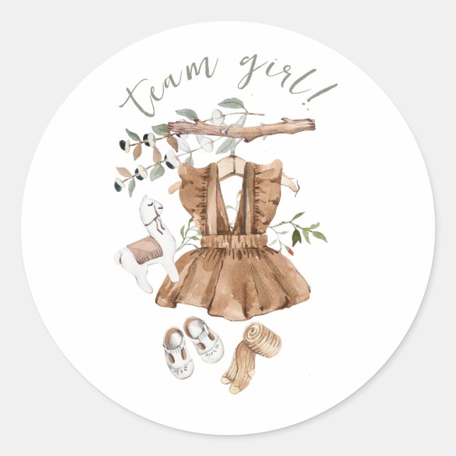 Boho Gender Reveal Team Girl Baby Shower Classic Round Sticker (Front)