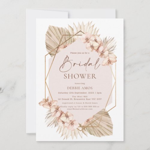 Boho Geometric Blush Floral Palm Bridal Shower Invitation