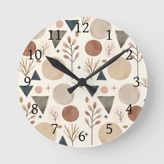 Boho Geometric Botanical Pattern Design 385 Round Clock (Front)