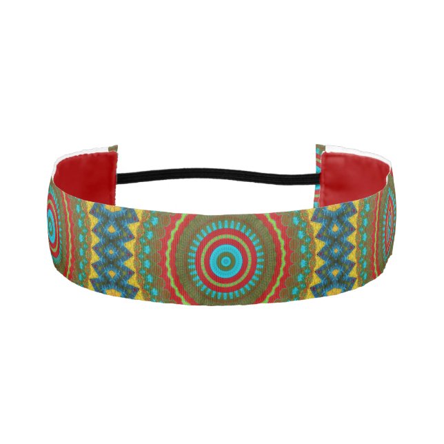 Boho Geometric Brown Red Yellow Blue Ethnic Tribal Athletic Headband (Front)