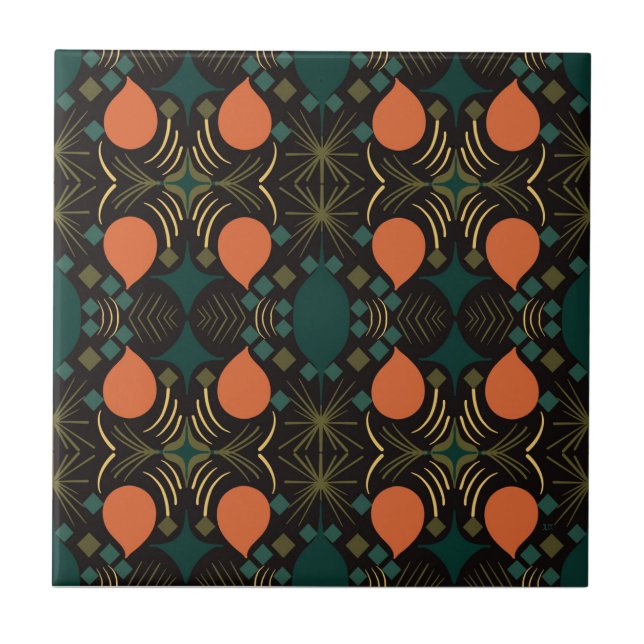 Boho Geometric Diamond Black Ceramic Tile (Front)