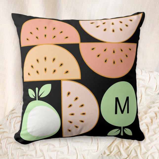 Boho Geometric Fruit Monogram Mid-Century Modern Throw Pillow (A monogrammed throw pillow inspired by mid-century modern style, with melon and apple fruit shapes)