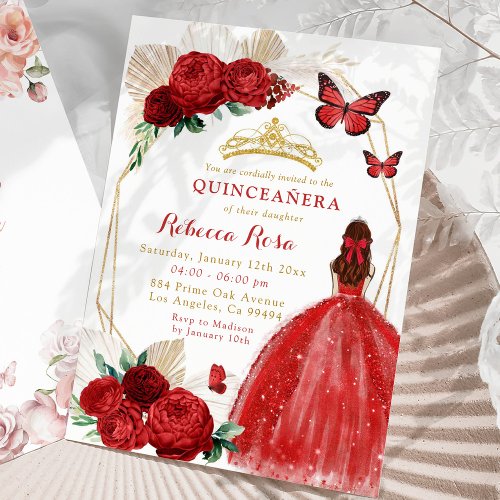 Boho Geometric Gold and Red Roses Quinceaera Invitation