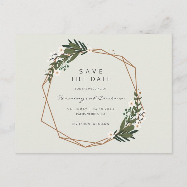 Boho Geometric Gold Frame Greenery Save the Date Announcement Postcard (Front)